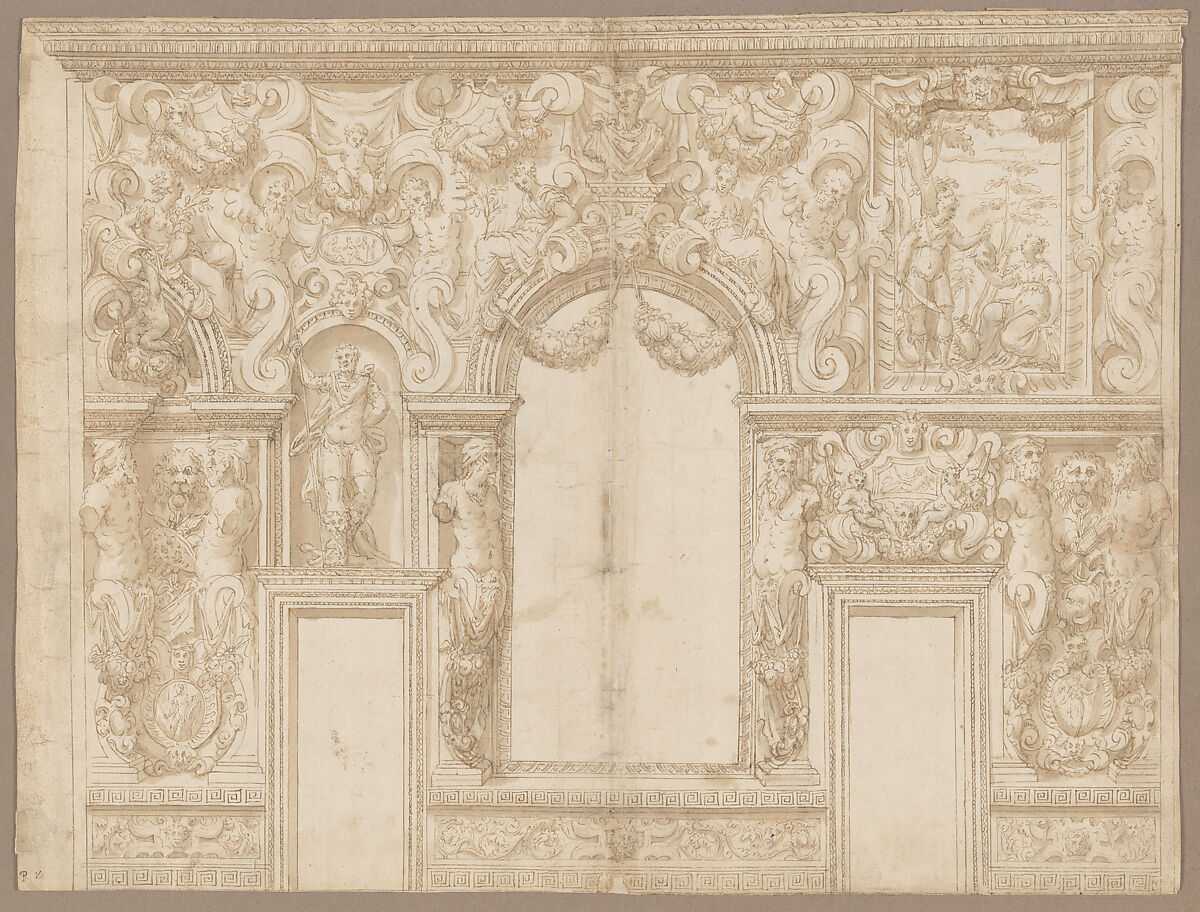 Design for the Decoration of a Palace Wall (Veronese Palazzo?), Circle of Alessandro Vittoria (Alessandro Vittoria di Vigilio della Volpa) (Italian, 1525–1608), Pen and brown ink with wash, few traces of black chalk underdrawing 