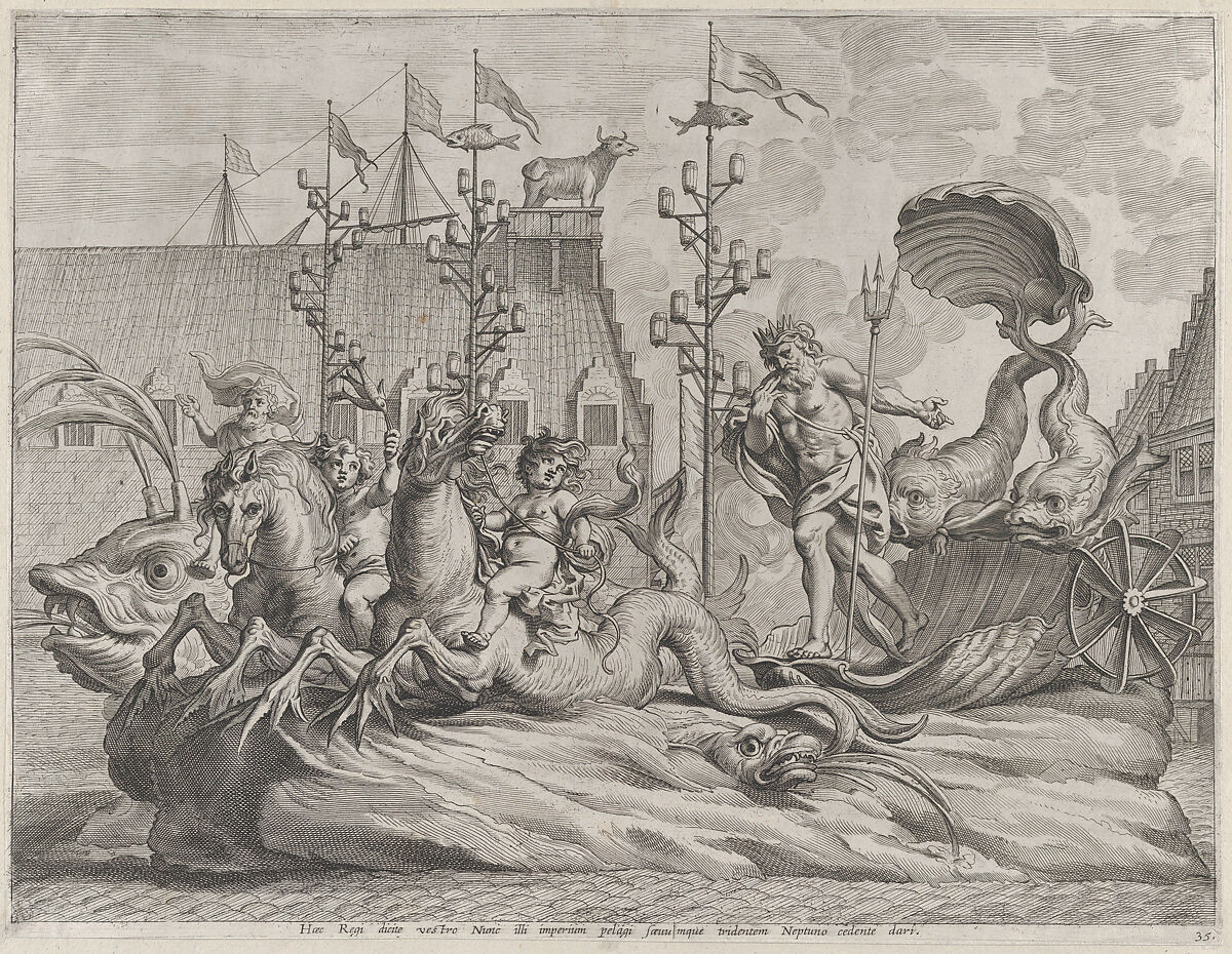 Plate 35: Philip of Spain as Neptune, riding in a chariot drawn by two sea horses; from Guillielmus Becanus's 'Serenissimi Principis Ferdinandi, Hispaniarum Infantis...', Pieter de Jode II (Flemish, 1606–ca. 1674), Engraving 