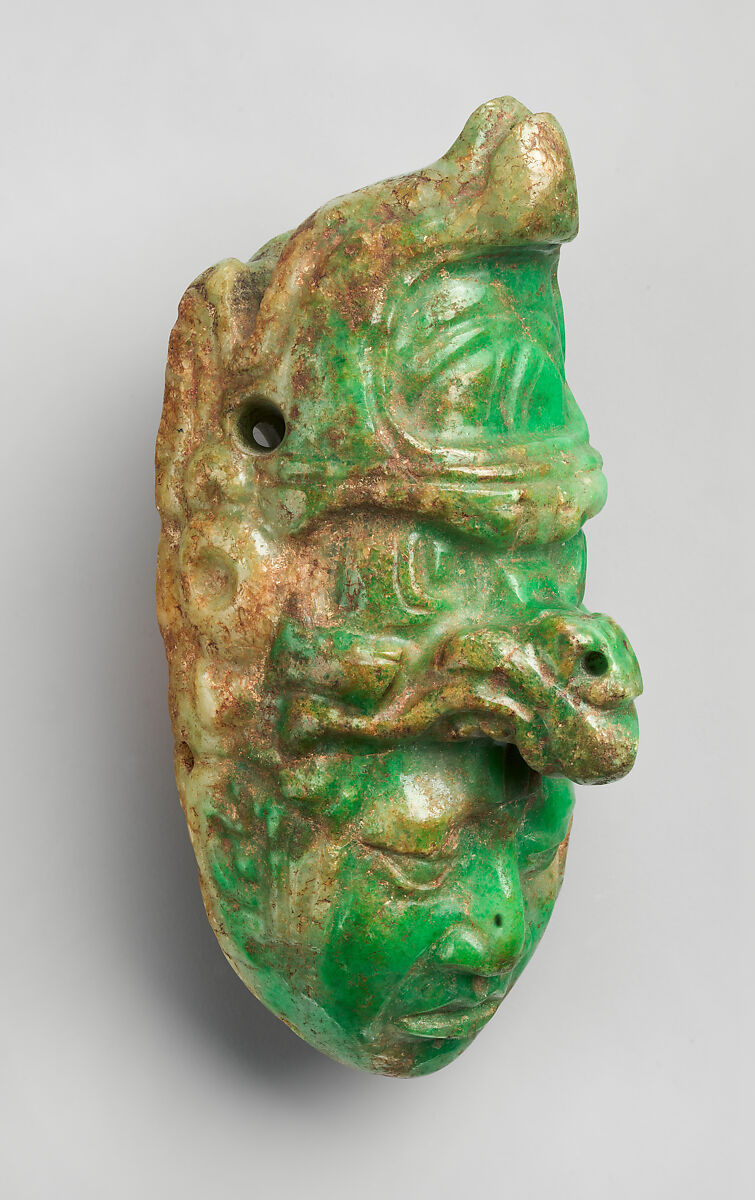 Pendant, Maya artist(s), Jadeite, pigment, Maya