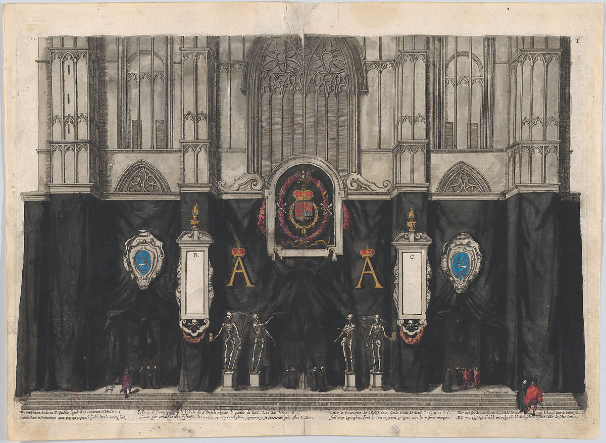 Plate 1: Figures gathered before a curtained wall, decorated with three armorials with the coat of arms and symbols celebrating Archduke Albert, four skeletons on pedestals at center, gothic facade in background; from 'Pompa Funebris ... Alberti Pii', Cornelis Galle I (Netherlandish, Antwerp 1576–1650 Antwerp), Etching with hand coloring 