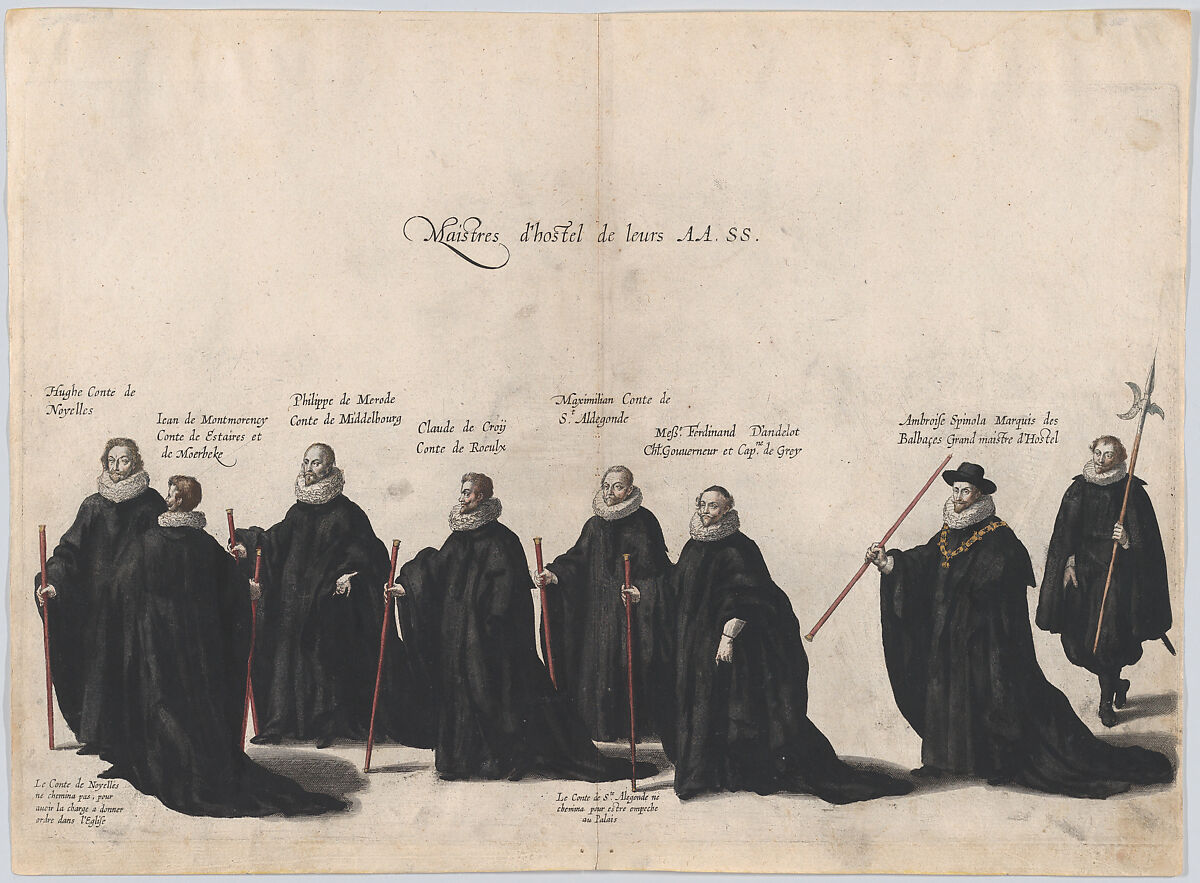 Plate 53: Eight figures marching in the funeral procession of Archduke Albert of Austria; from 'Pompa Funebris ... Alberti Pii', Cornelis Galle I (Netherlandish, Antwerp 1576–1650 Antwerp), Etching with hand coloring 