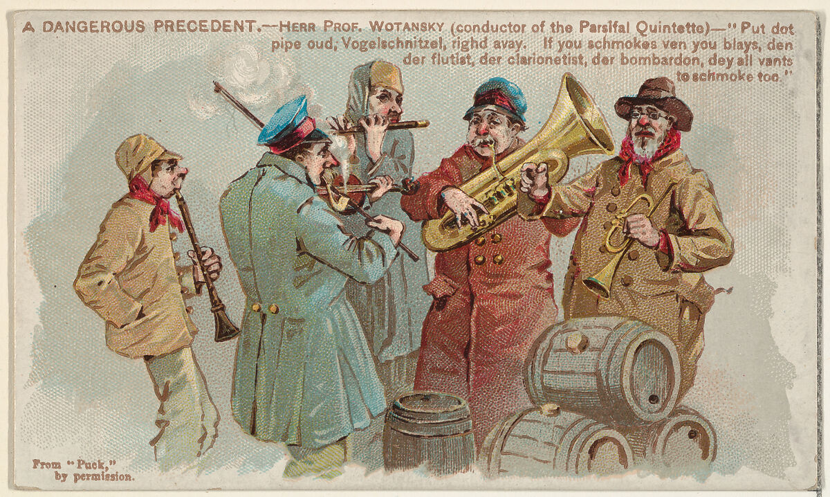 A Dangerous Precedent, from the Snapshots from "Puck" series (N128) issued by Duke Sons & Co. to promote Honest Long Cut Tobacco, Issued by W. Duke, Sons &amp; Co. (New York and Durham, N.C.), Commercial color lithograph 