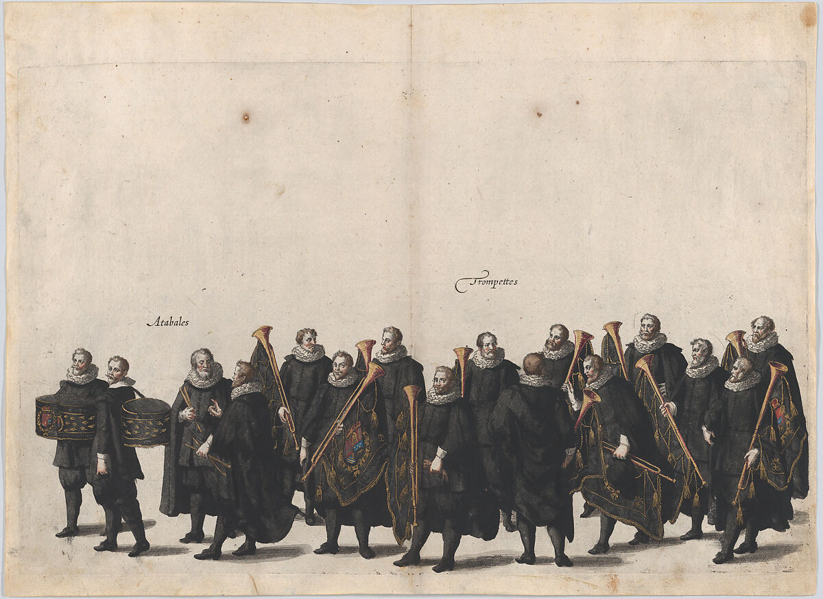 Plate 28: Drummers and trumpet players marching in the funeral procession of Archduke Albert of Austria; from 'Pompa Funebris ... Alberti Pii', Cornelis Galle I (Netherlandish, Antwerp 1576–1650 Antwerp), Etching with hand coloring 