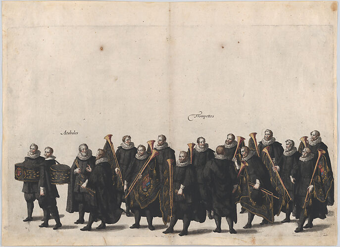 Plate 28: Drummers and trumpet players marching in the funeral procession of Archduke Albert of Austria; from 'Pompa Funebris ... Alberti Pii'