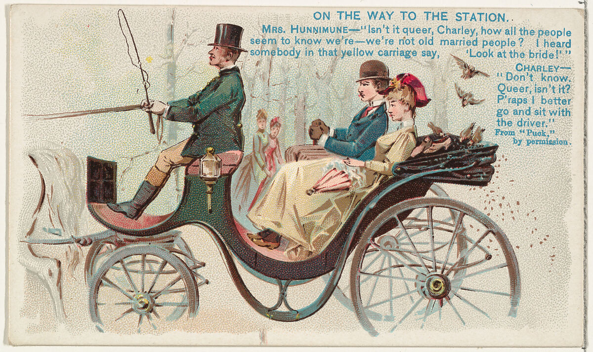 On the Way to the Station, from the Snapshots from "Puck" series (N128) issued by Duke Sons & Co. to promote Honest Long Cut Tobacco, Issued by W. Duke, Sons &amp; Co. (New York and Durham, N.C.), Commercial color lithograph 