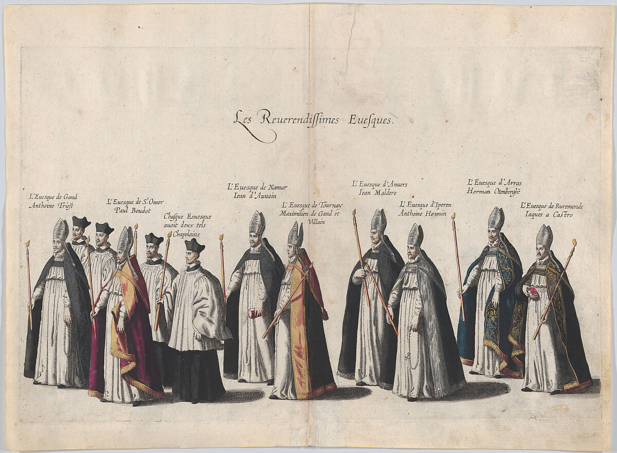 Plate 12: Members of the clergy marching in the funeral procession of Archduke Albert of Austria; from 'Pompa Funebris ... Alberti Pii', Cornelis Galle I (Netherlandish, Antwerp 1576–1650 Antwerp), Etching with hand coloring 