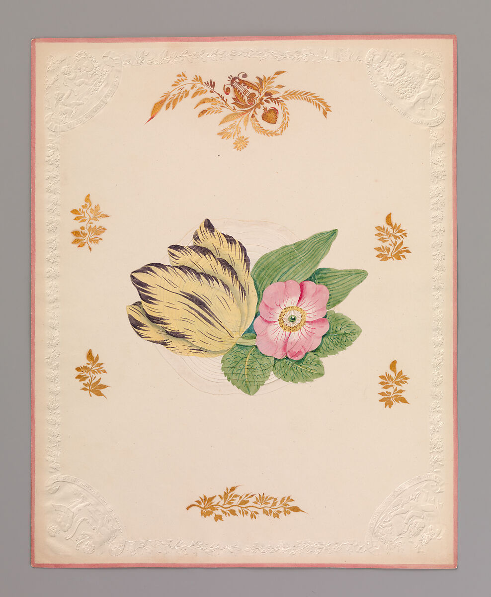 Valentine, Anonymous, Watercolor, gold paint, cameo-embossed paper 