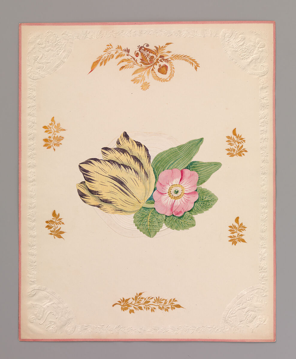 Valentine, Anonymous, Watercolor, gold paint, cameo-embossed paper