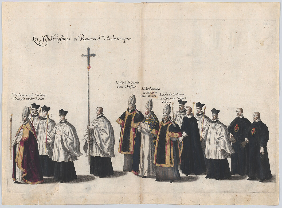 Plate 13: Members of the clergy marching in the funeral procession of Archduke Albert of Austria; from 'Pompa Funebris ... Alberti Pii', Cornelis Galle I (Netherlandish, Antwerp 1576–1650 Antwerp), Etching with hand coloring 