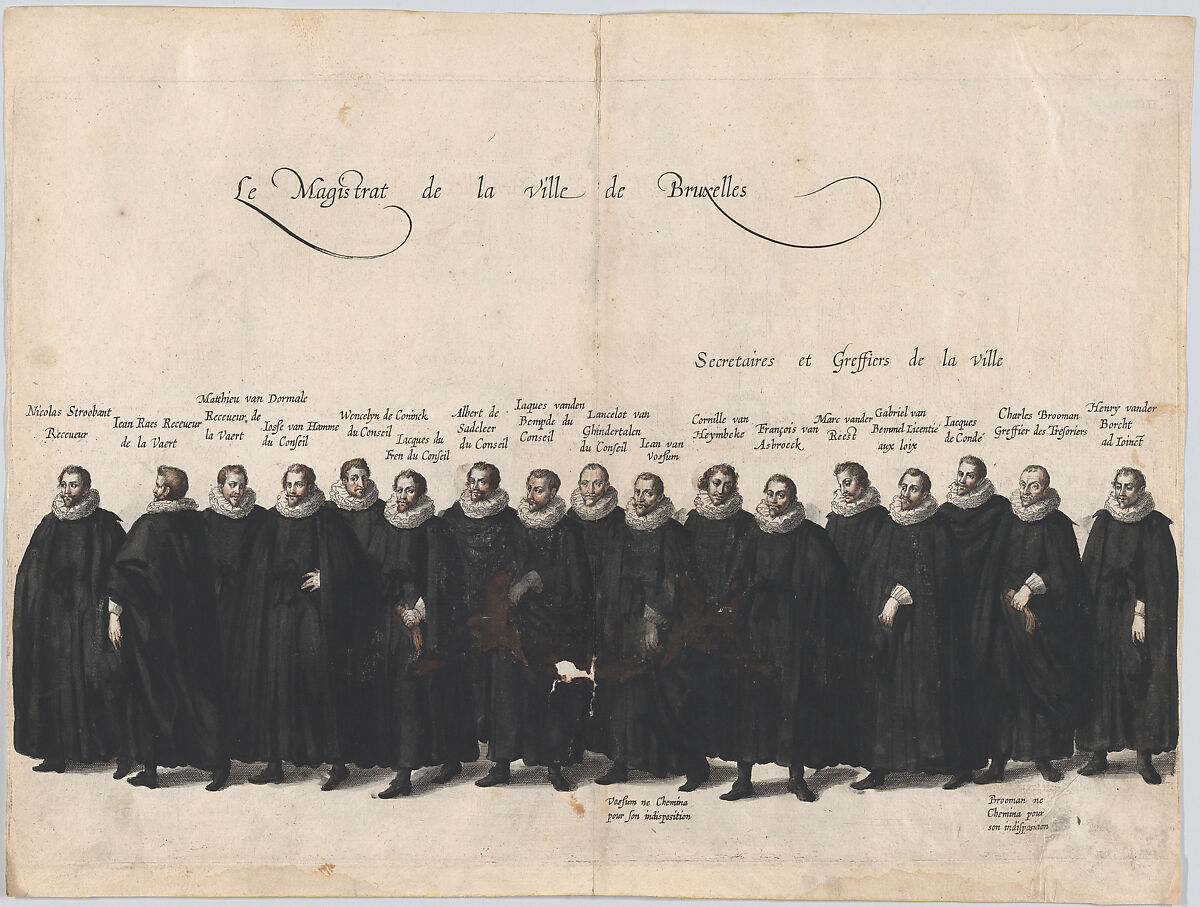 Plate 64: The magistrates of the city of Brussels marching in the funeral procession of Archduke Albert of Austria; from 'Pompa Funebris ... Alberti Pii', Cornelis Galle I (Netherlandish, Antwerp 1576–1650 Antwerp), Etching with hand coloring 
