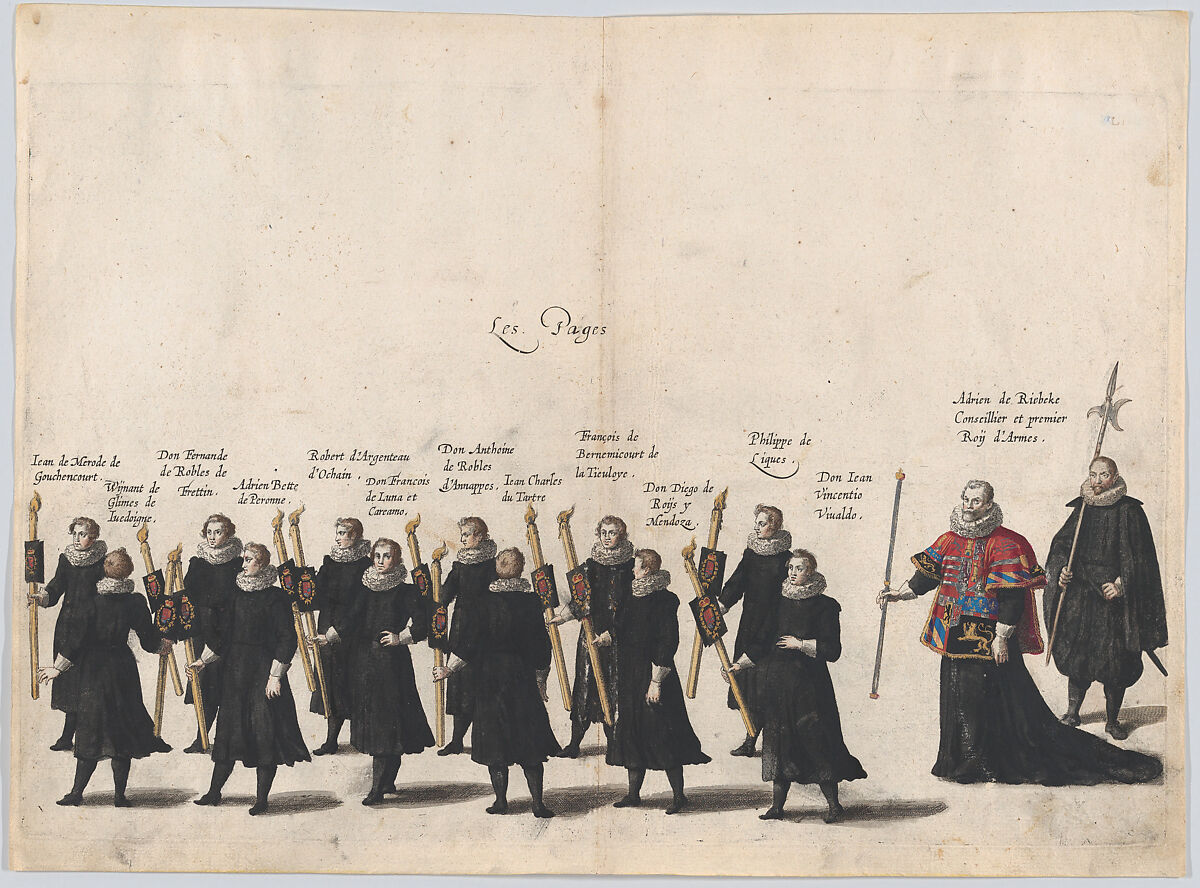 Plate 54: The pages marching in the funeral procession of Archduke Albert of Austria; from 'Pompa Funebris ... Alberti Pii', Cornelis Galle I (Netherlandish, Antwerp 1576–1650 Antwerp), Etching with hand coloring 