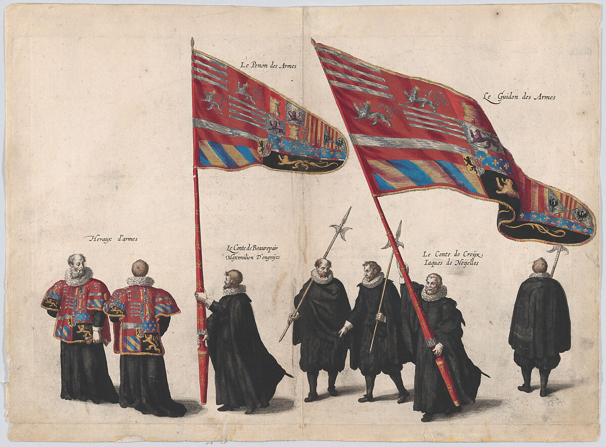 Plate 48: Men bearing arms and heraldic flags marching in the funeral procession of Archduke Albert of Austria; from 'Pompa Funebris ... Alberti Pii', Cornelis Galle I (Netherlandish, Antwerp 1576–1650 Antwerp), Etching with hand coloring 