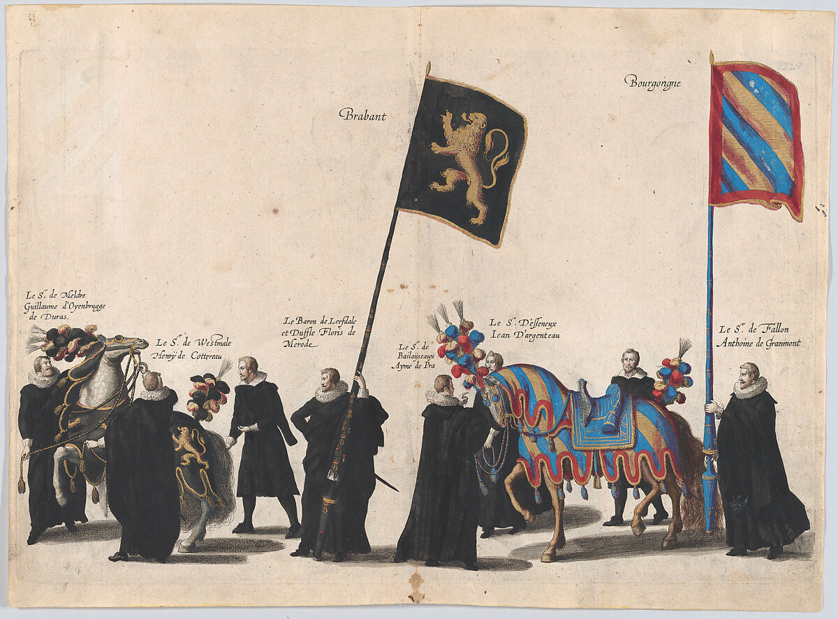 Plate 45: Men with heraldic flags and horses from the House of Brabant and Burgundy marching in the funeral procession of Archduke Albert of Austria; from 'Pompa Funebris ... Alberti Pii', Cornelis Galle I (Netherlandish, Antwerp 1576–1650 Antwerp), Etching with hand coloring 