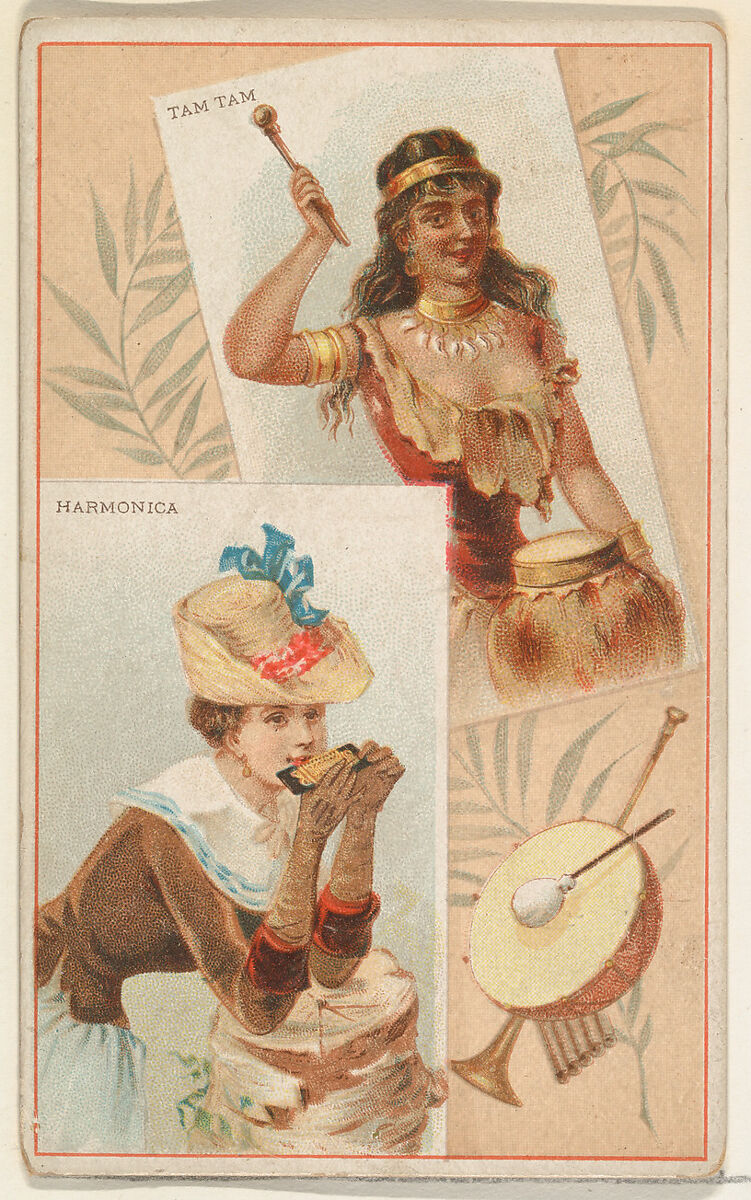 Harmonica and Tam Tam, from the Musical Instruments series (N121) issued by Duke Sons & Co. to promote Honest Long Cut Tobacco, Issued by W. Duke, Sons &amp; Co. (New York and Durham, N.C.), Commercial color lithograph 
