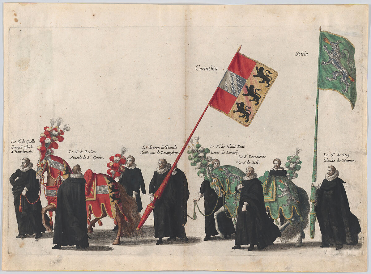 Plate 44: Men with heraldic flags and horses from Carinthia and Styria marching in the funeral procession of Archduke Albert of Austria; from 'Pompa Funebris ... Alberti Pii', Cornelis Galle I (Netherlandish, Antwerp 1576–1650 Antwerp), Etching with hand coloring 