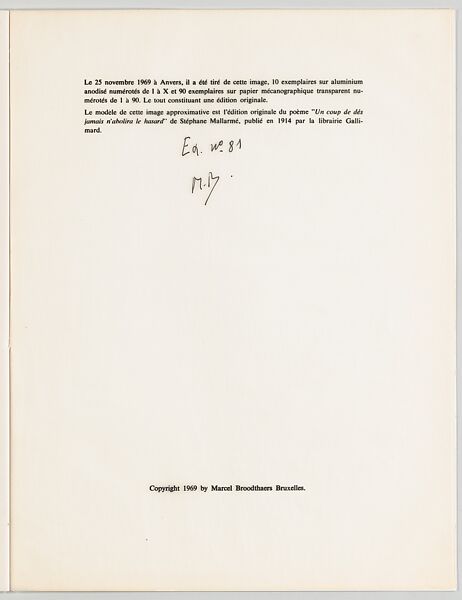 Un coup de dés jamais n'abolira le hasard  [A Throw of the Dice Will Never Abolish Chance], Marcel Broodthaers (Belgian, Brussels 1924–1976 Cologne), Artist's book