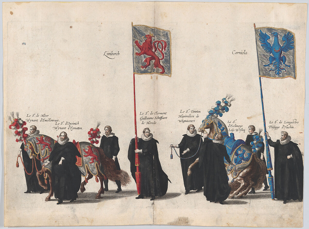 Plate 39: Men with heraldic flags and horses from Burgundy and Artois marching in the funeral procession of Archduke Albert of Austria; from 'Pompa Funebris ... Alberti Pii', Cornelis Galle I (Netherlandish, Antwerp 1576–1650 Antwerp), Etching with hand coloring 