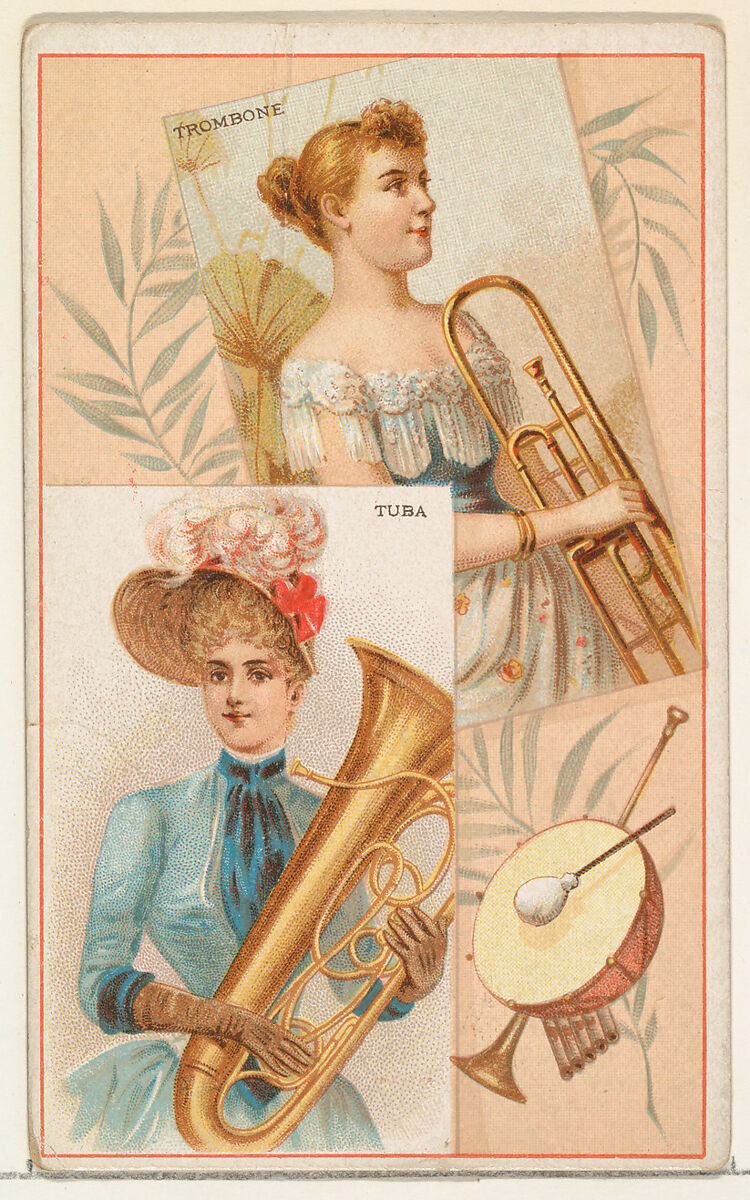 Trombone and Tuba, from the Musical Instruments series (N121) issued by Duke Sons & Co. to promote Honest Long Cut Tobacco, Issued by W. Duke, Sons &amp; Co. (New York and Durham, N.C.), Commercial color lithograph 