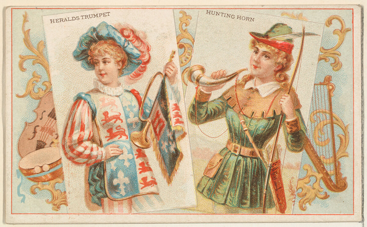 Heralds Trumpet and Hunting Horn, from the Musical Instruments series (N121) issued by Duke Sons & Co. to promote Honest Long Cut Tobacco, Issued by W. Duke, Sons &amp; Co. (New York and Durham, N.C.), Commercial color lithograph 
