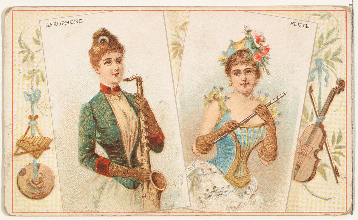 Saxophone and Flute, from the Musical Instruments series (N121) issued by Duke Sons & Co. to promote Honest Long Cut Tobacco, Issued by W. Duke, Sons &amp; Co. (New York and Durham, N.C.), Commercial color lithograph 