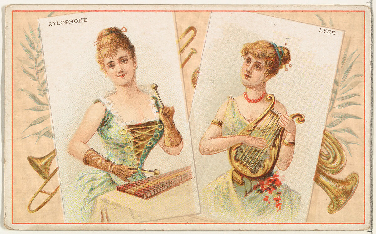 Xylophone and Lyre, from the Musical Instruments series (N121) issued by Duke Sons & Co. to promote Honest Long Cut Tobacco, Issued by W. Duke, Sons &amp; Co. (New York and Durham, N.C.), Commercial color lithograph 