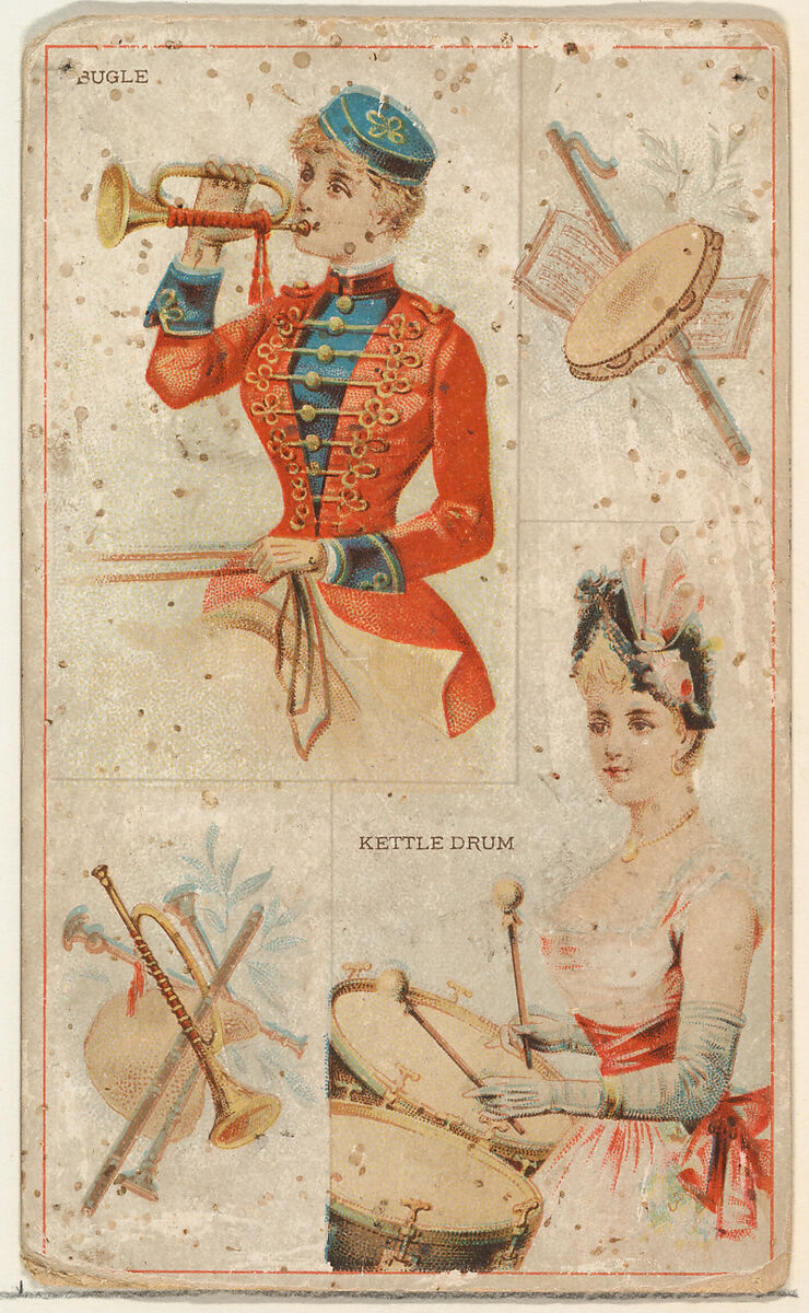 Bugle and Kettle Drum, from the Musical Instruments series (N121) issued by Duke Sons & Co. to promote Honest Long Cut Tobacco, Issued by W. Duke, Sons &amp; Co. (New York and Durham, N.C.), Commercial color lithograph 