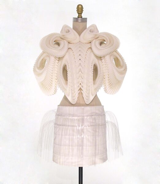 Ensemble, Iris van Herpen (Dutch, founded 2007), a) Plastic (polyamide); b) leather, cotton, plastic (acrylic), metal, Dutch