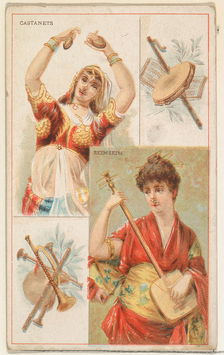 Castanets and Seimseim, from the Musical Instruments series (N121) issued by Duke Sons & Co. to promote Honest Long Cut Tobacco, Issued by W. Duke, Sons &amp; Co. (New York and Durham, N.C.), Commercial color lithograph 