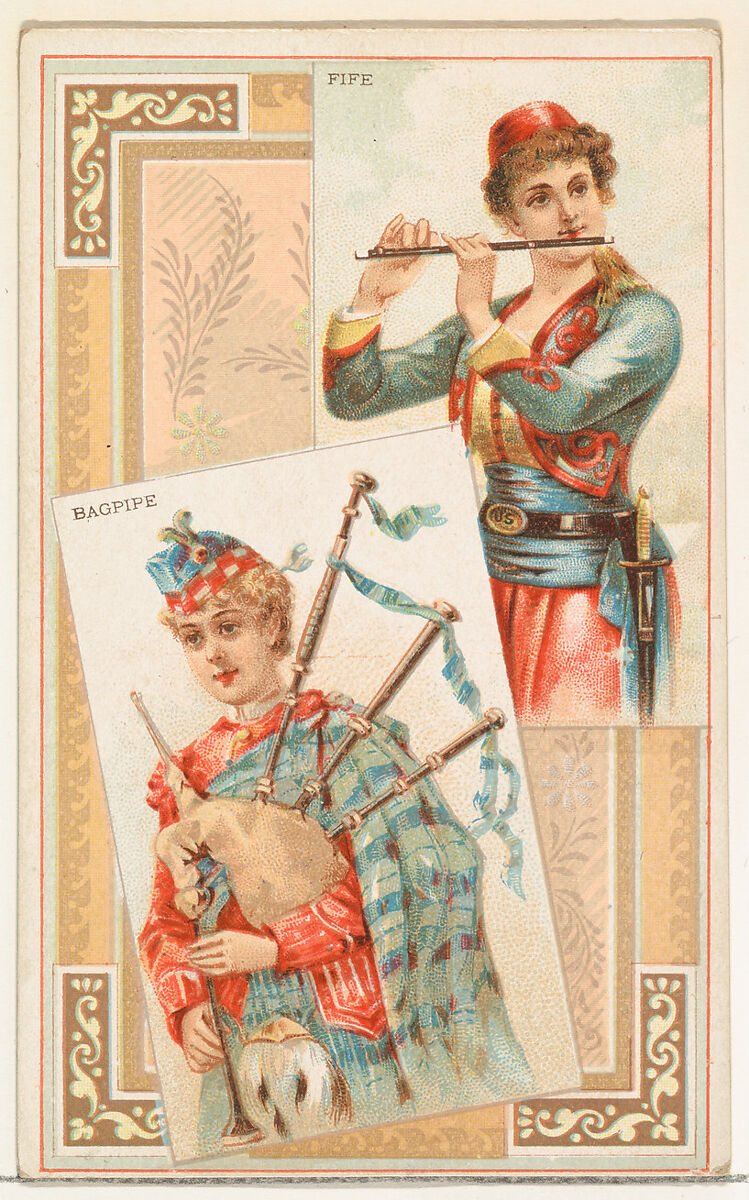 Fife and Bagpipe, from the Musical Instruments series (N121) issued by Duke Sons & Co. to promote Honest Long Cut Tobacco, Issued by W. Duke, Sons &amp; Co. (New York and Durham, N.C.), Commercial color lithograph 