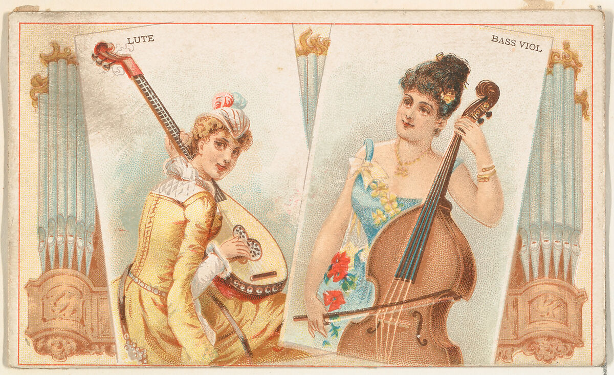 Lute and Bass Viol, from the Musical Instruments series (N121) issued by Duke Sons & Co. to promote Honest Long Cut Tobacco, Issued by W. Duke, Sons &amp; Co. (New York and Durham, N.C.), Commercial color lithograph 