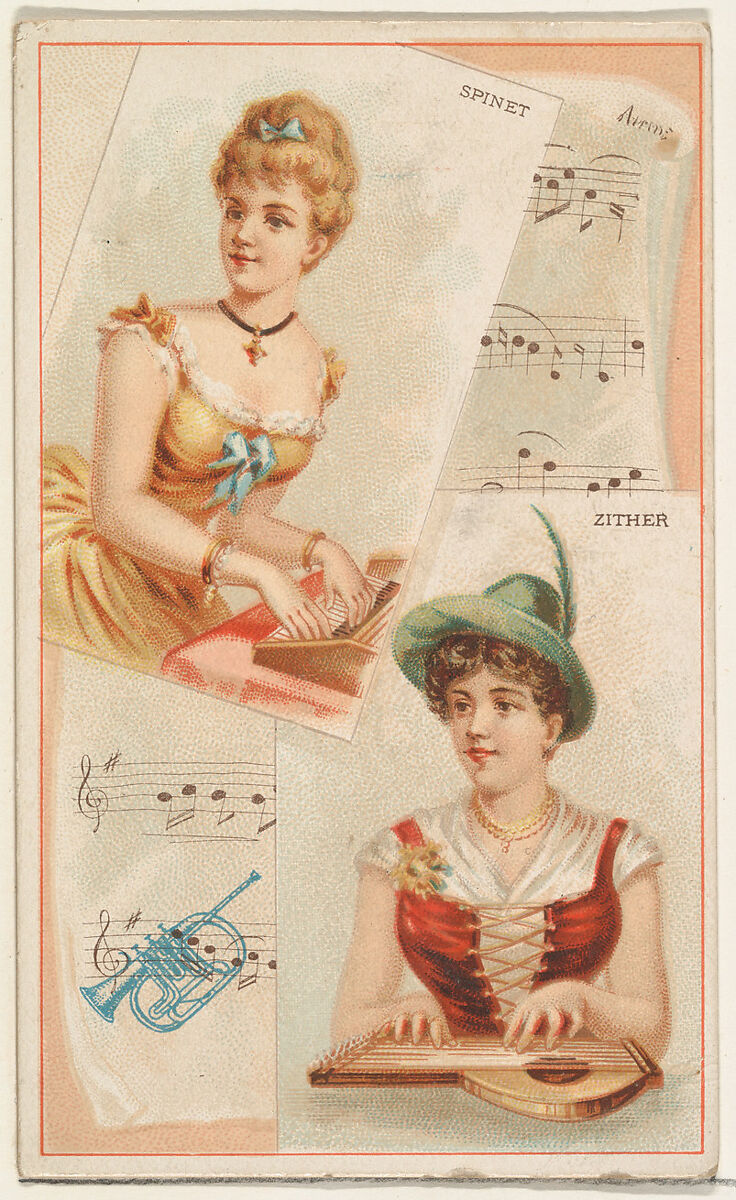Spinet and Zither, from the Musical Instruments series (N121) issued by Duke Sons & Co. to promote Honest Long Cut Tobacco, Issued by W. Duke, Sons &amp; Co. (New York and Durham, N.C.), Commercial color lithograph 