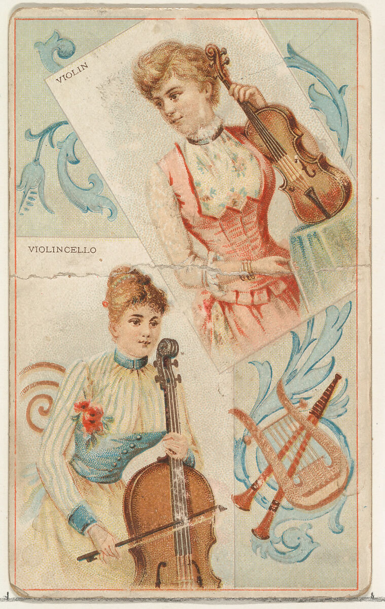 Violin and Violincello, from the Musical Instruments series (N121) issued by Duke Sons & Co. to promote Honest Long Cut Tobacco, Issued by W. Duke, Sons &amp; Co. (New York and Durham, N.C.), Commercial color lithograph 