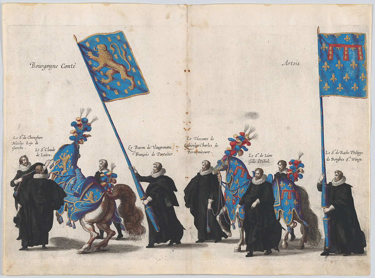 Plate 64: The magistrates of the city of Brussels marching in the funeral procession of Archduke Albert of Austria; from 'Pompa Funebris ... Alberti Pii', Cornelis Galle I (Netherlandish, Antwerp 1576–1650 Antwerp), Etching with hand coloring 