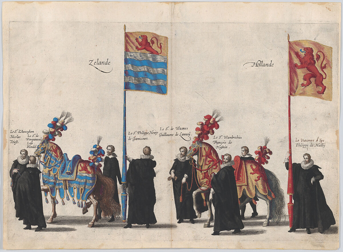 Plate 37: Men with heraldic flags and horses from Zeeland and Holland marching in the funeral procession of Archduke Albert of Austria; from 'Pompa Funebris ... Alberti Pii', Cornelis Galle I (Netherlandish, Antwerp 1576–1650 Antwerp), Etching with hand coloring 