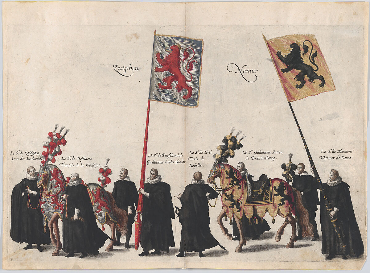 Plate 36: Men with heraldic flags and horses from Zutphen and Namur marching in the funeral procession of Archduke Albert of Austria; from 'Pompa Funebris ... Alberti Pii', Cornelis Galle I (Netherlandish, Antwerp 1576–1650 Antwerp), Etching with hand coloring 