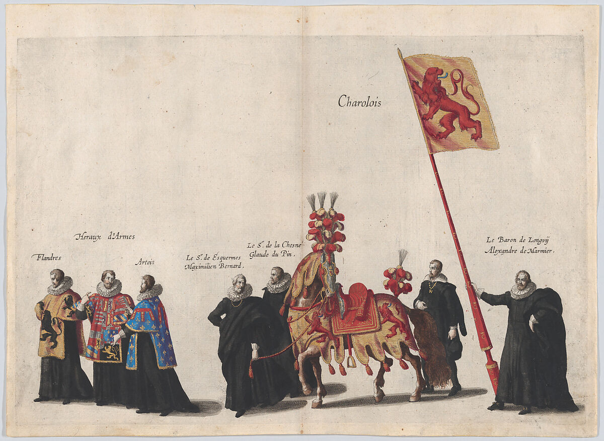 Plate 35: Men with heraldic flags and horses from Charolois marching in the funeral procession of Archduke Albert of Austria; from 'Pompa Funebris ... Alberti Pii', Cornelis Galle I (Netherlandish, Antwerp 1576–1650 Antwerp), Etching with hand coloring 