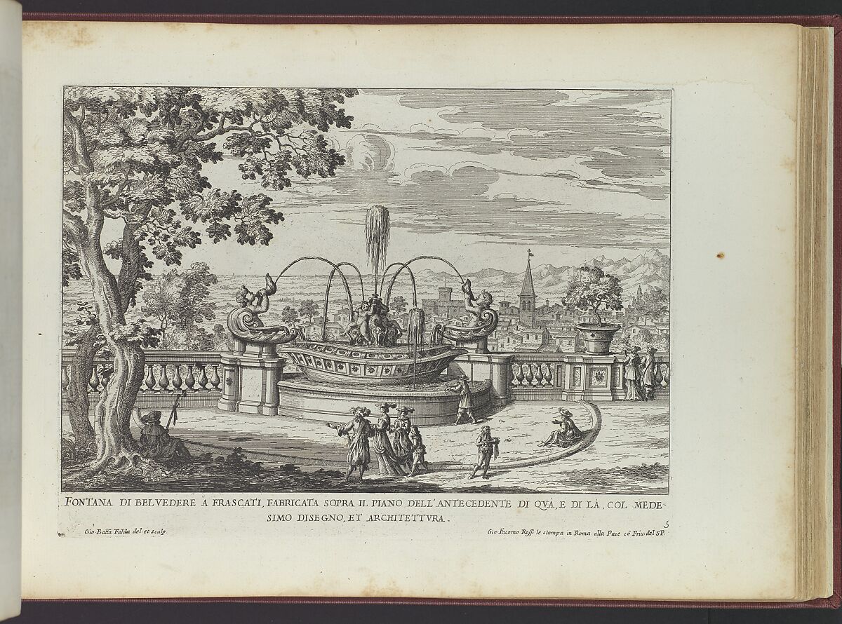 Fontana di Belvedere á Frascati (...), from 'La Fontane di Roma nelle Piazze e Luoghi Publici (...)', part 2, 'Le fontane delle ville di Frascati' (plate 5), Giovanni Battista Falda (Italian, Valduggia 1643–1678 Rome), Etching 