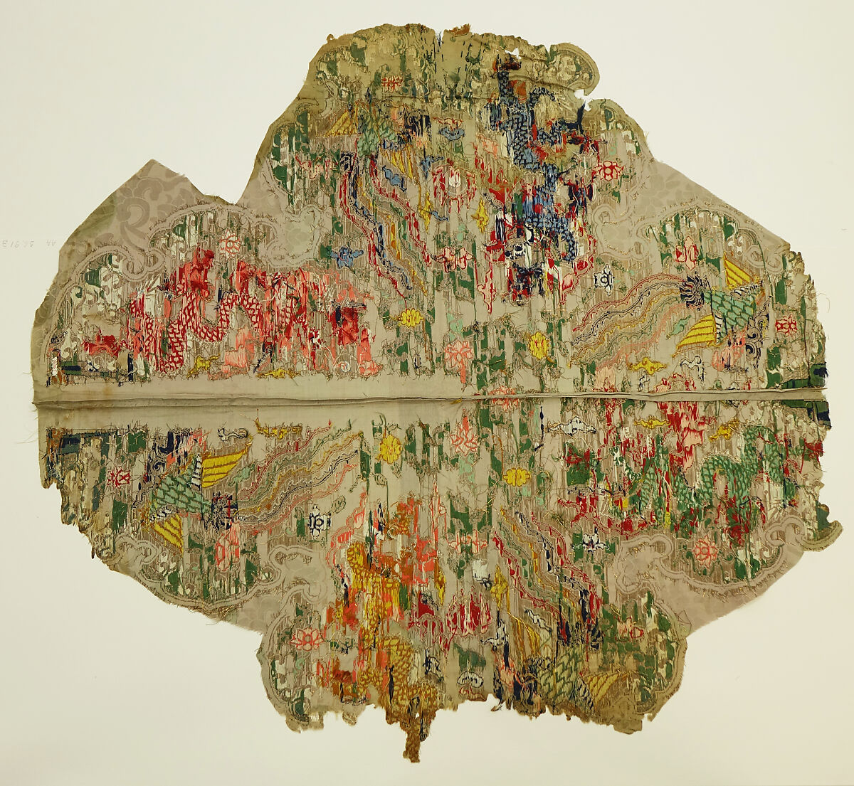 Fragment of a collar with dragon and phoenix, Silk damask satin brocaded with silk and metal thread, China