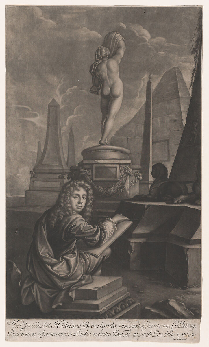 Portrait of Hadriaan Beverland Drawing a Sculpture of the Callipygian Venus, Isaac Beckett (British, Kent 1652/53–1719 London), Mezzotint; second state of three 