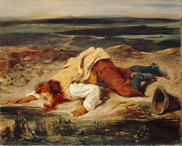 Mortally Wounded Brigand Quenches His Thirst, Eugène Delacroix (French, Charenton-Saint-Maurice 1798–1863 Paris), Oil on canvas 
