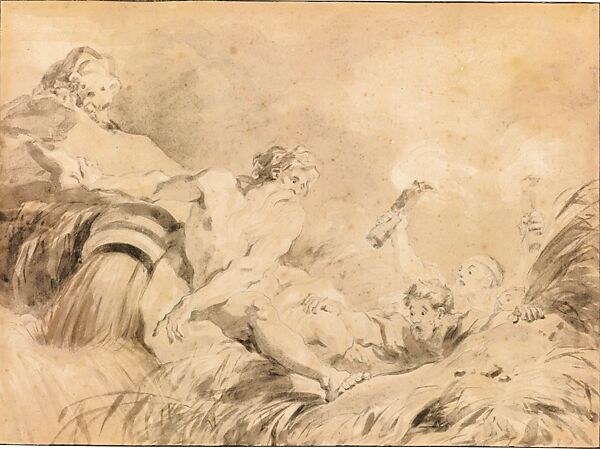 The Source, Jean Honoré Fragonard (French, Grasse 1732–1806 Paris), Brush and brown and gray wash over black chalk 
