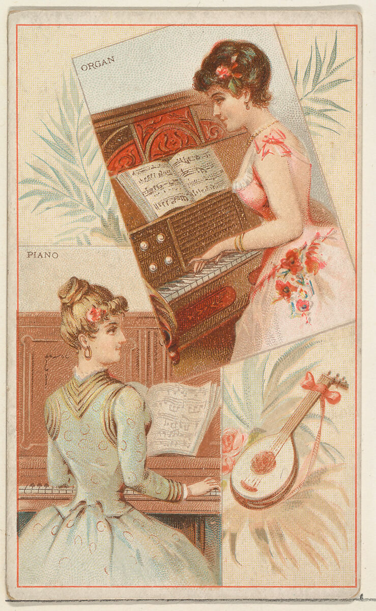 Piano and Organ, from the Musical Instruments series (N121) issued by Duke Sons & Co. to promote Honest Long Cut Tobacco, Issued by W. Duke, Sons &amp; Co. (New York and Durham, N.C.), Commercial color lithograph 