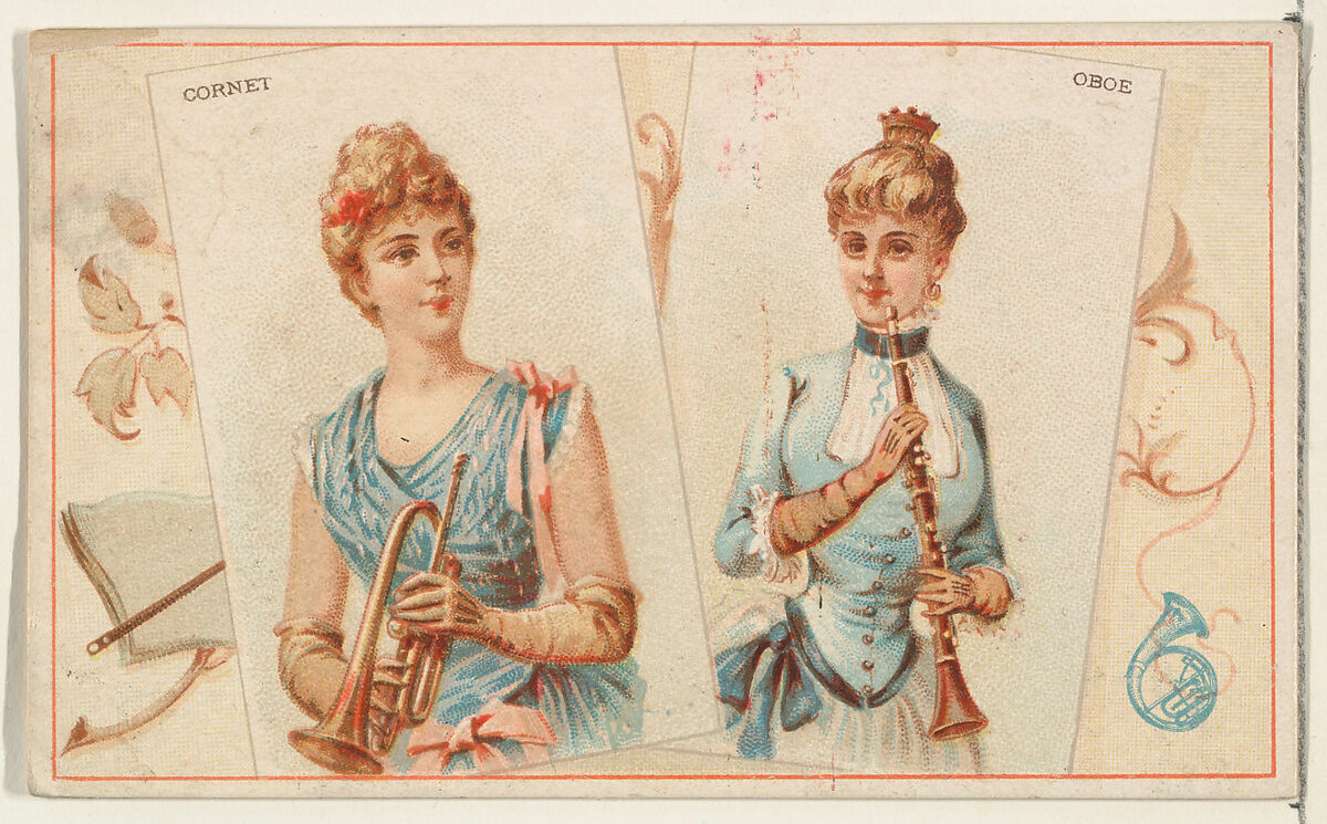 Cornet and Oboe, from the Musical Instruments series (N121) issued by Duke Sons & Co. to promote Honest Long Cut Tobacco, Issued by W. Duke, Sons &amp; Co. (New York and Durham, N.C.), Commercial color lithograph 