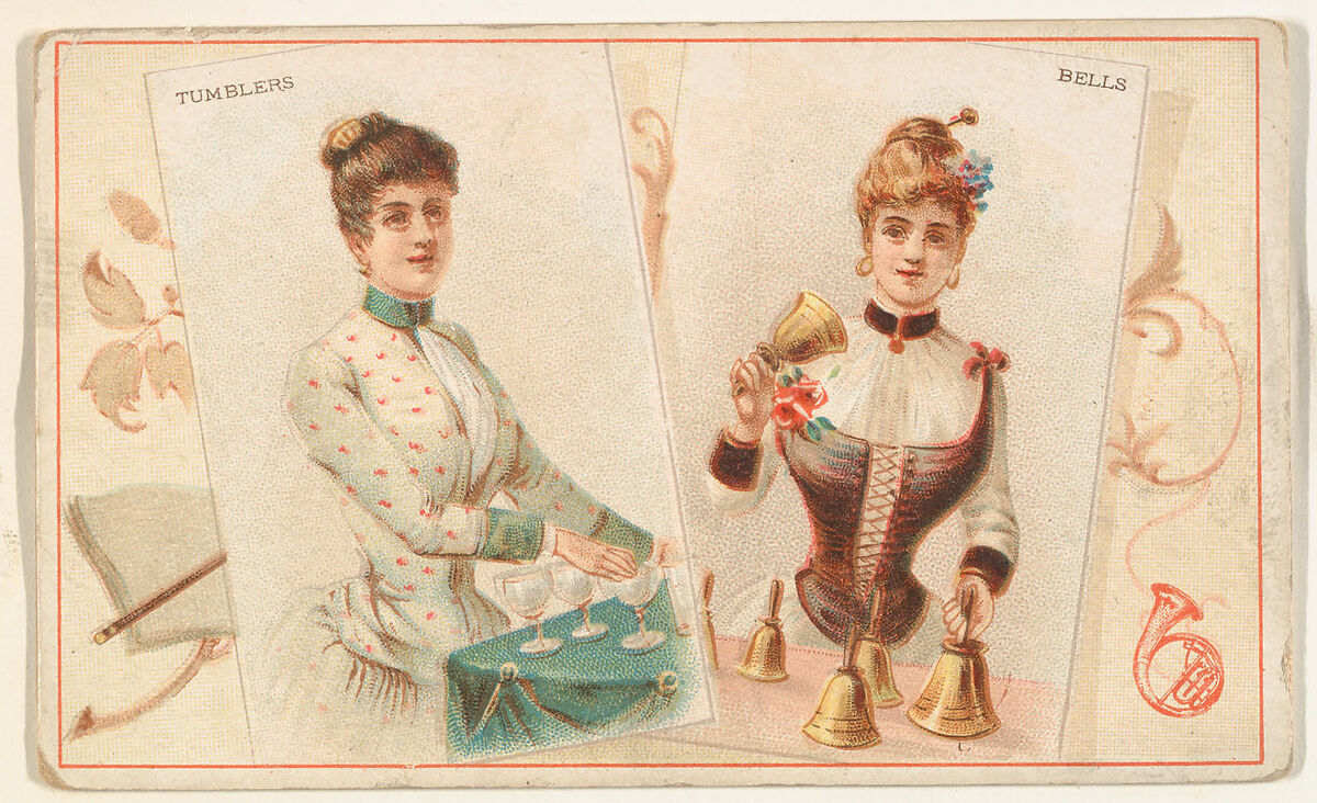 Tumblers and Bells, from the Musical Instruments series (N121) issued by Duke Sons & Co. to promote Honest Long Cut Tobacco, Issued by W. Duke, Sons &amp; Co. (New York and Durham, N.C.), Commercial color lithograph 