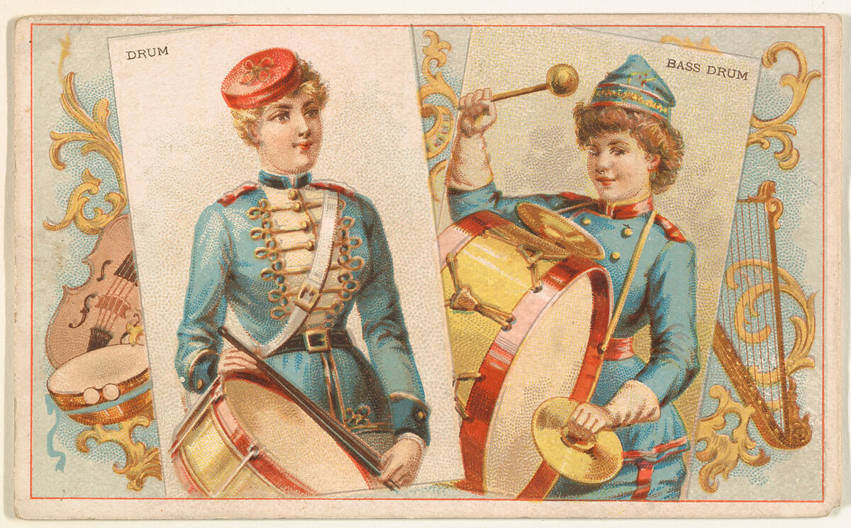 Drum and Bass Drum, from the Musical Instruments series (N121) issued by Duke Sons & Co. to promote Honest Long Cut Tobacco, Issued by W. Duke, Sons &amp; Co. (New York and Durham, N.C.), Commercial color lithograph 
