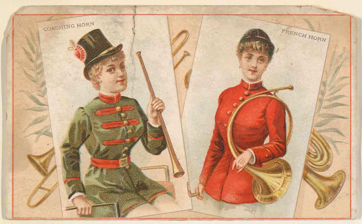 Coaching Horn and French Horn, from the Musical Instruments series (N121) issued by Duke Sons & Co. to promote Honest Long Cut Tobacco, Issued by W. Duke, Sons &amp; Co. (New York and Durham, N.C.), Commercial color lithograph 