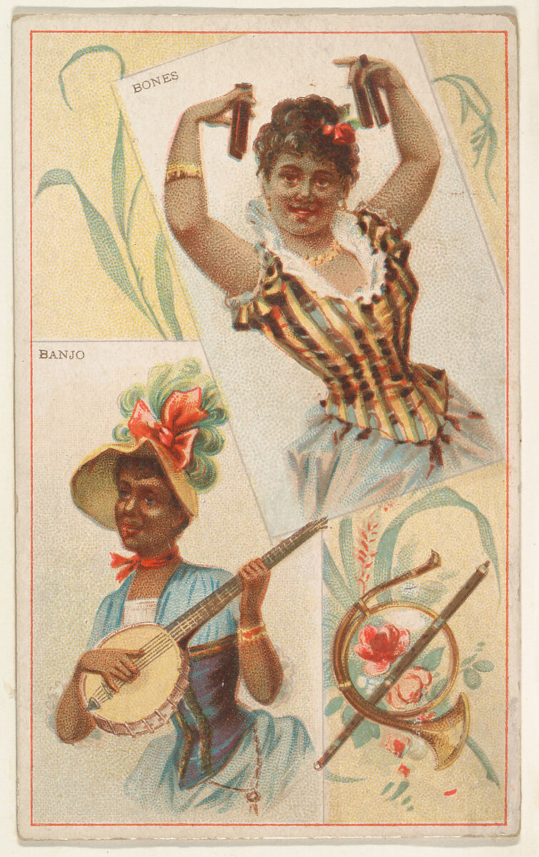 Bones and Banjo, from the Musical Instruments series (N121) issued by Duke Sons & Co. to promote Honest Long Cut Tobacco, Issued by W. Duke, Sons &amp; Co. (New York and Durham, N.C.), Commercial color lithograph 