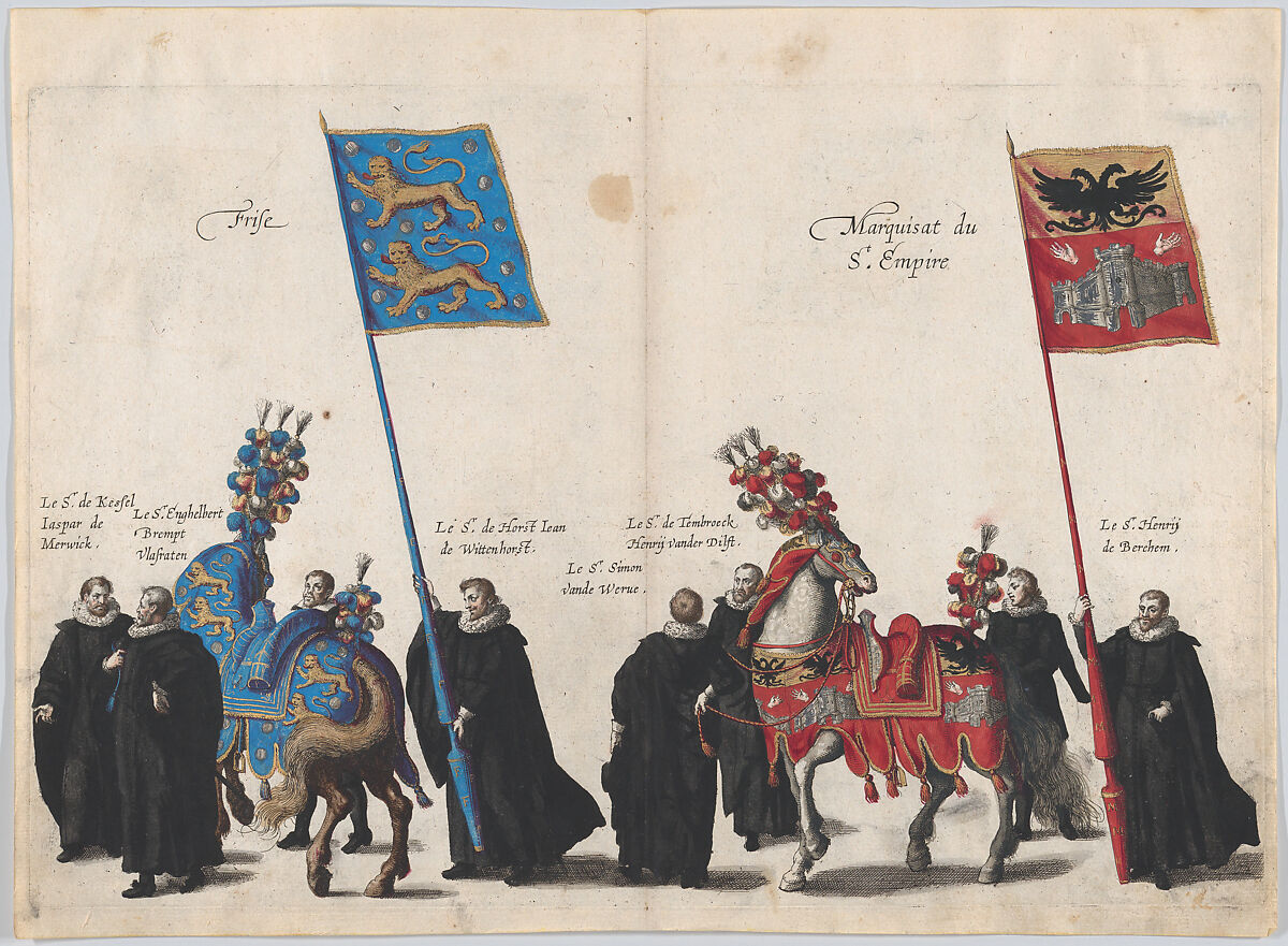 Plate 34: Men with heraldic flags and horses from Frise and the Hapsburg Empire marching in the funeral procession of Archduke Albert of Austria; from 'Pompa Funebris ... Alberti Pii', Cornelis Galle I (Netherlandish, Antwerp 1576–1650 Antwerp), Etching with hand coloring 