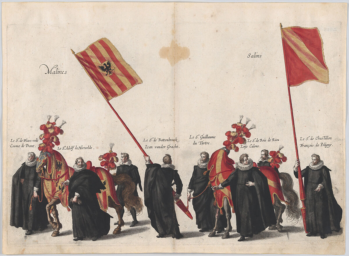 Plate 33: Men with heraldic flags and horses from Mechelen and Salins marching in the funeral procession of Archduke Albert of Austria; from 'Pompa Funebris ... Alberti Pii', Cornelis Galle I (Netherlandish, Antwerp 1576–1650 Antwerp), Etching with hand coloring 