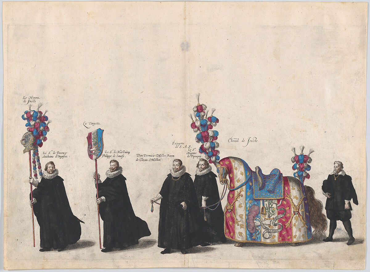 Plate 51: Members of the court of justice marching in the funeral procession of Archduke Albert of Austria; from 'Pompa Funebris ... Alberti Pii', Cornelis Galle I (Netherlandish, Antwerp 1576–1650 Antwerp), Etching with hand coloring 